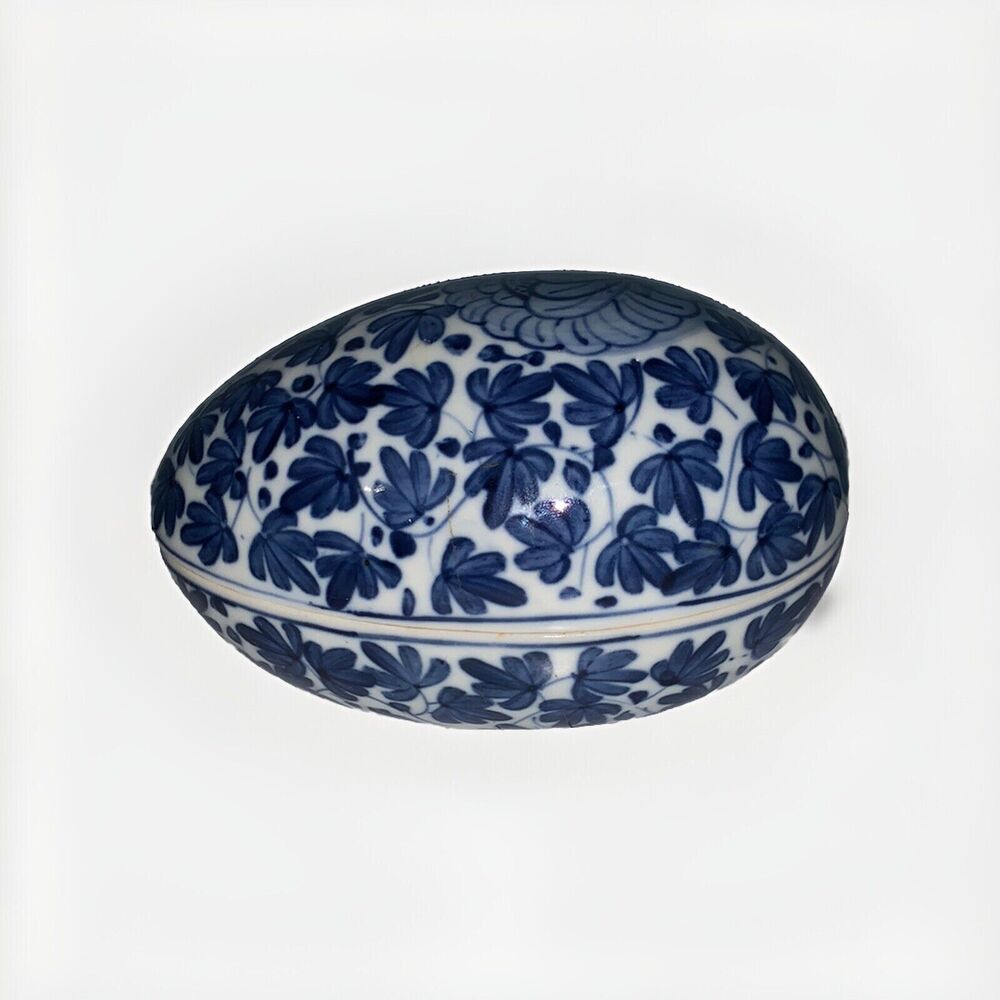 Porcelain Egg Trinket Box Dish Hand Painted Blue White Lotus Flower Asian Taiwan